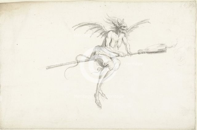 Monstrous witch on a broom, Mid of 17th cen..