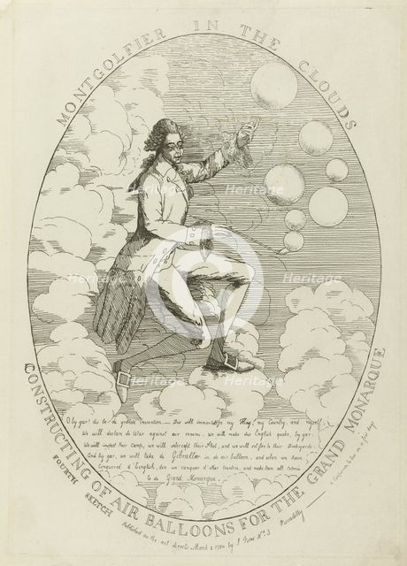 Montgolfier in the clouds. Constructing of air balloons , 1784.