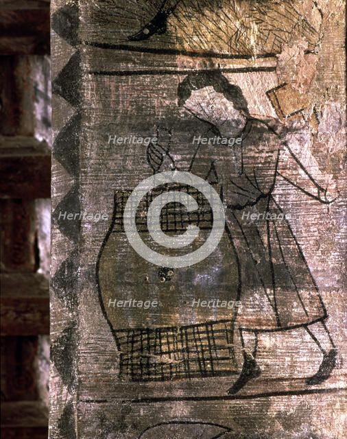 Month of September: making barrels. Fragment of medieval calendar frescoed in the soffit of an ar…