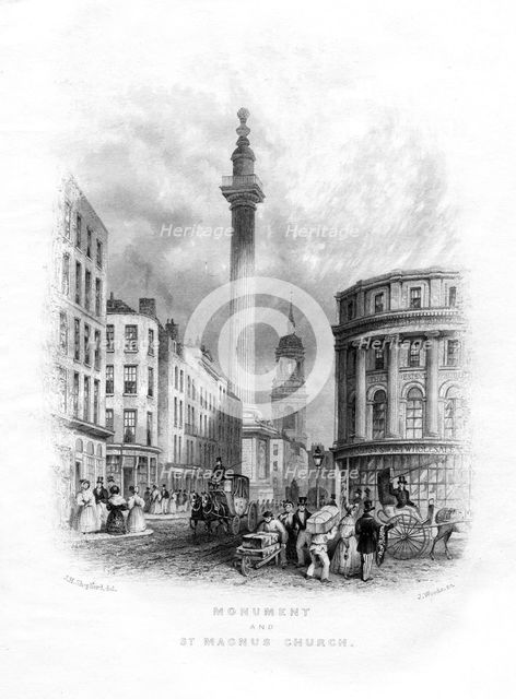 Monument and Church of St Magnus the Martyr, London, 19th century.Artist: J Woods