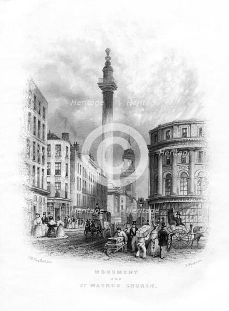 Monument and Church of St Magnus the Martyr, London, 19th century.Artist: J Woods