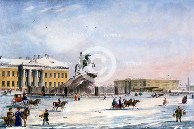 Monument of Peter the Great in the Senate Square of St Petersburg, Russia, winter, 1822. Artist: Anon