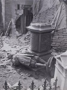 Monument to John Milton and part of St Giles without Cripplegate after bomb damage, c1940. Artist: Anon