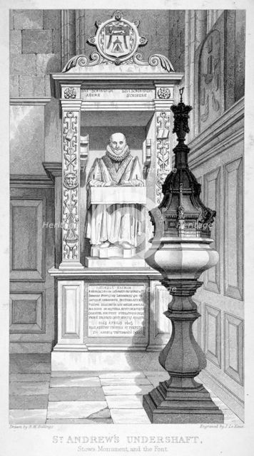 Monument to John Stow and font in St Andrew Undershaft, 1837.                                        Artist: John Le Keux