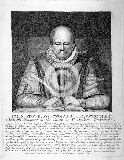 Monument to John Stow in St Andrew Undershaft, City of London, 1792.                                 Artist: Anon