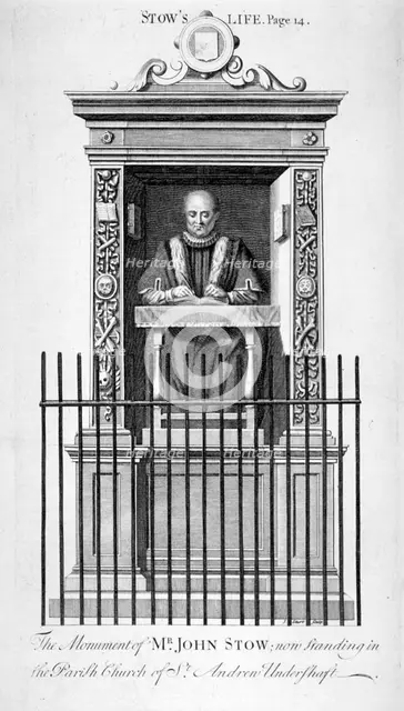 Monument to John Stow in St Andrew Undershaft, City of London, c1750.                                Artist: Anon