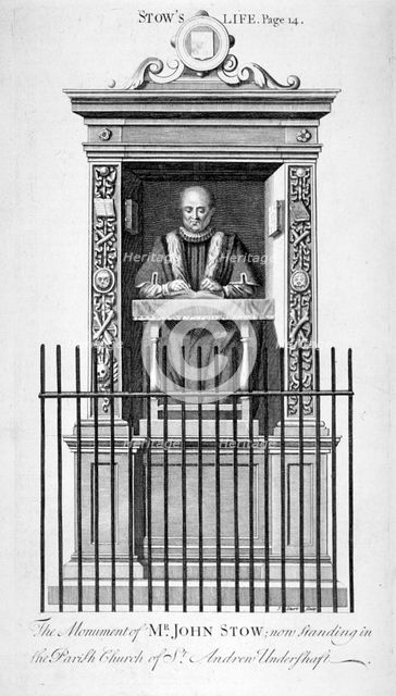 Monument to John Stow in St Andrew Undershaft, City of London, c1750.                                Artist: Anon