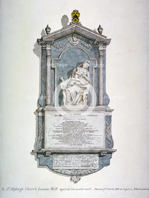 Monument to Samuel Wright, from the north wall of St Alfege's Church, London Wall, London, 1815. Artist: Robert Blemmell Schnebbelie