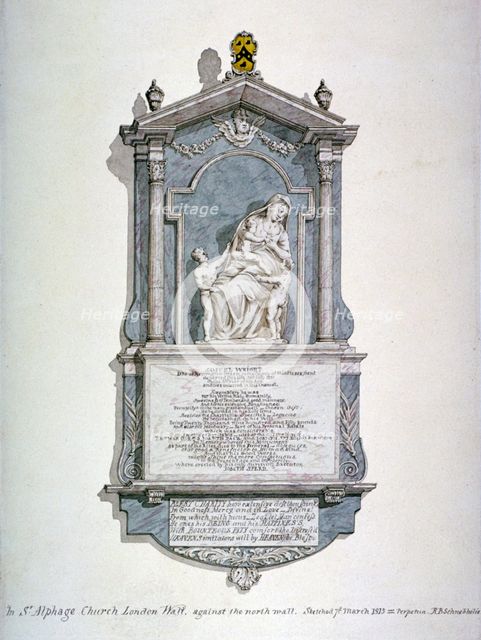 Monument to Samuel Wright, from the north wall of St Alfege's Church, London Wall, London, 1815. Artist: Robert Blemmell Schnebbelie