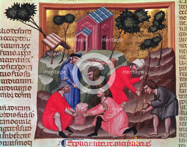 Monumental masons and stonecutters, miniature in 'Codex Justinian Institutiones Feodorum et Alia'…