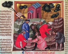 Monumental masons and stonecutters, miniature in Codex Justinian Institutiones Feodorum et Alia'…