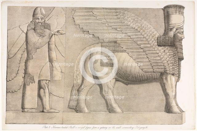 Monuments of Ninevah: Plate 3, Human-headed Bull and Winged Figure..., 1853. Creator: Austen Henry Layard (British, 1817-1894).
