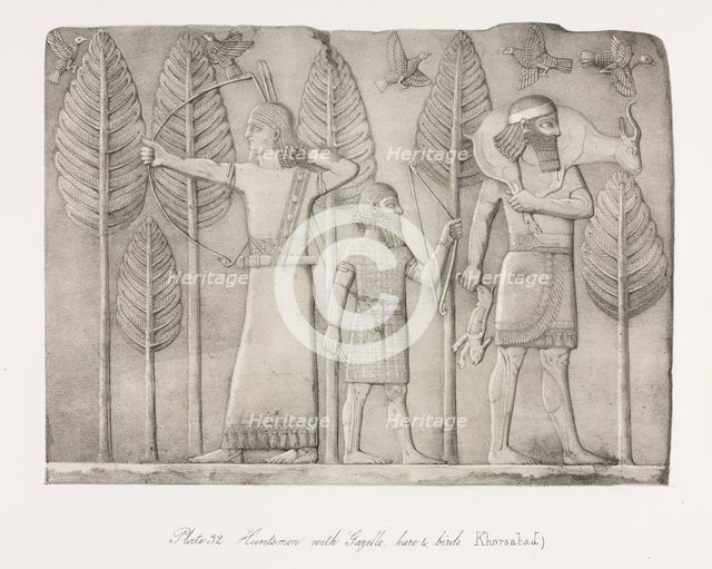 Monuments of Ninevah: Plate 32, Huntsmen with Gazelle, Hare and Birds (Khorsabad), 1853. Creator: Austen Henry Layard (British, 1817-1894).