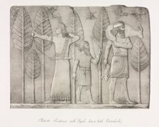 Monuments of Ninevah: Plate 32, Huntsmen with Gazelle, Hare and Birds (Khorsabad), 1853. Creator: Austen Henry Layard (British, 1817-1894)