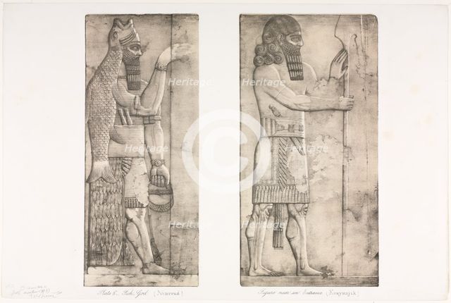 Monuments of Ninevah: Plate 6, Fish-god (Nimroud); Figure near an Entrance (Kouyunjik), 1853. Creator: Austen Henry Layard (British, 1817-1894).