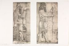 Monuments of Ninevah: Plate 6, Fish-god (Nimroud); Figure near an Entrance (Kouyunjik), 1853. Creator: Austen Henry Layard (British, 1817-1894)