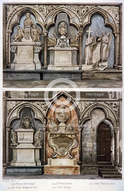 Monuments in the west aisle of  Westminster Abbey's north transept, London, 1812. Artist: Augustus Charles Pugin