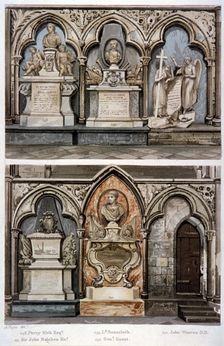 Monuments in the west aisle of Westminster Abbey's north transept, London, 1812. Artist: Augustus Charles Pugin