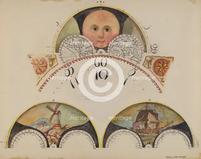 Moon Disc Paintings for Grandfather's Clock, c. 1937. Creator: Francis Law Durand.