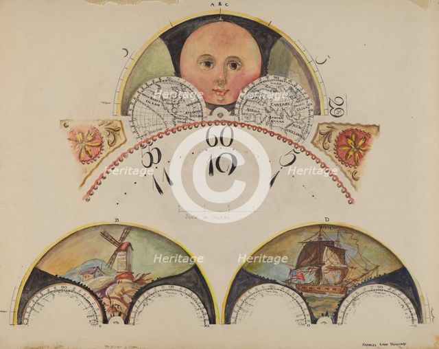 Moon Disc Paintings for Grandfather's Clock, c. 1937. Creator: Francis Law Durand.