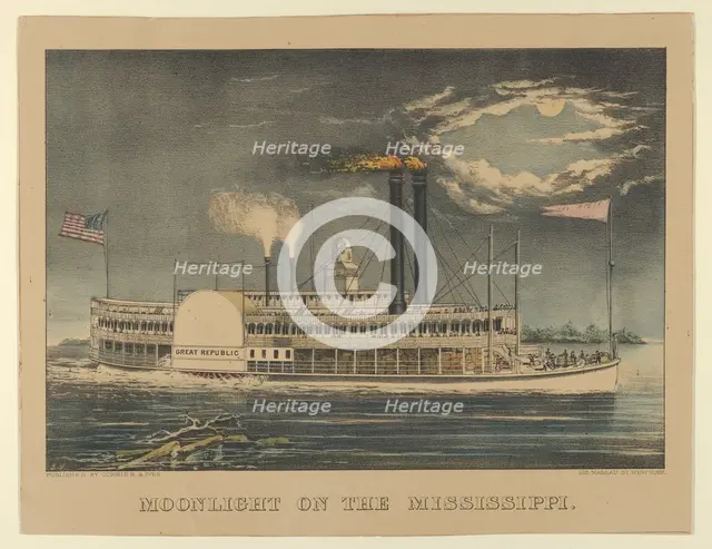 Moonlight on the Mississippi, 1872-74., 1872-74. Creators: Nathaniel Currier, James Merritt Ives, Currier and Ives.