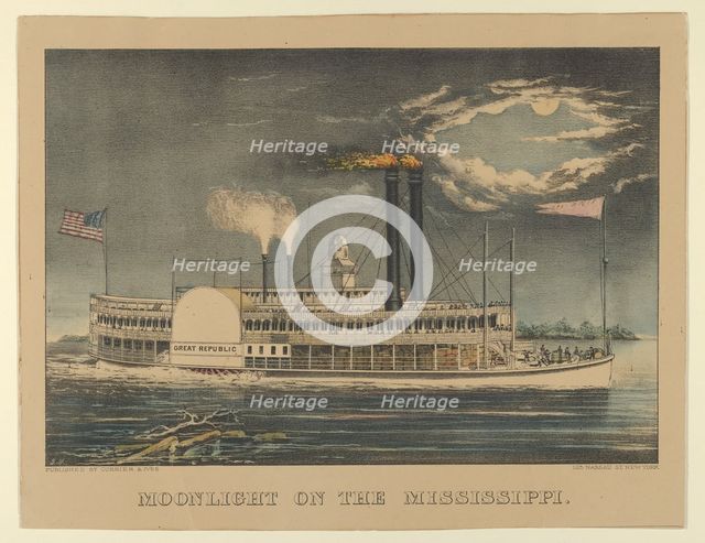 Moonlight on the Mississippi, 1872-74., 1872-74. Creators: Nathaniel Currier, James Merritt Ives, Currier and Ives.