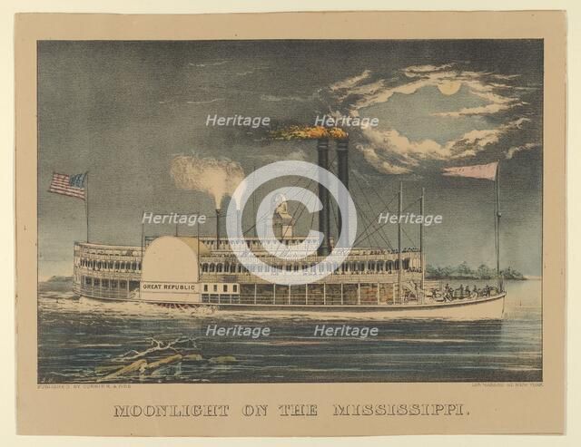 Moonlight on the Mississippi, 1872-74., 1872-74. Creators: Nathaniel Currier, James Merritt Ives, Currier and Ives.