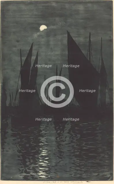 Moonlight in the Harbor at Dieppe, c. 1885. Creator: Henri-Charles Guerard.