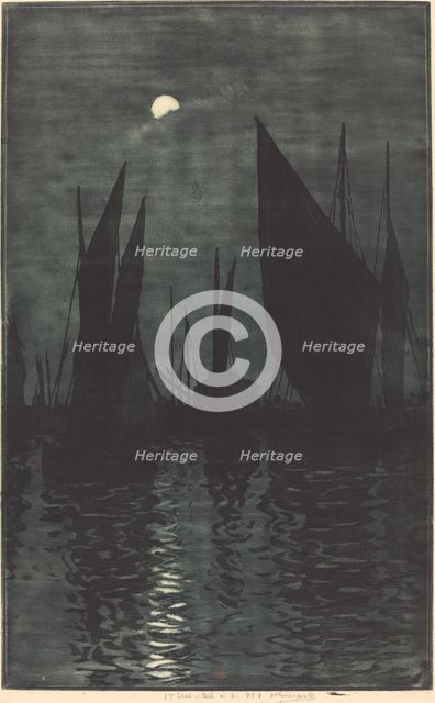 Moonlight in the Harbor at Dieppe, c. 1885. Creator: Henri-Charles Guerard.