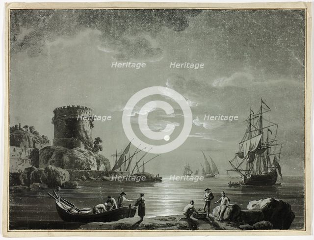 Moonlight Scene in Fishing Port, 1800-1899. Creator: Unknown.