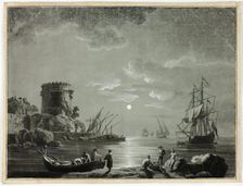 Moonlight Scene in Fishing Port, 1800-1899. Creator: Unknown