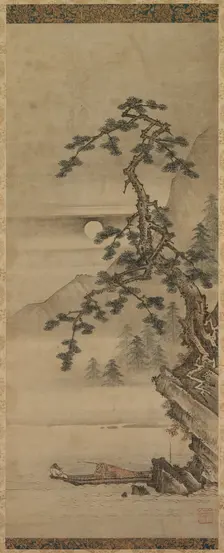 Moonlit Landscape of Pine Tree with Old Man in Boat, Muromachi period, 1392-1573. Creator: Oguri Sotan (Japanese, 1413-1481)