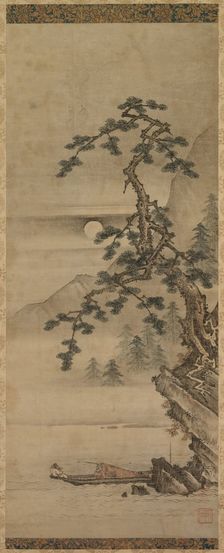 Moonlit Landscape of Pine Tree with Old Man in Boat, Muromachi period, 1392-1573. Creator: Oguri Sotan (Japanese, 1413-1481)