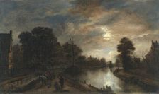 Moonlit Landscape with a Road beside a canal, 1645. Creator: Aert van der Neer