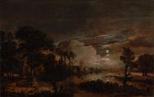Moonlit Landscape with a View of the New Amstel River and Castle Kostverloren, 1647. Creator: Aert van der Neer