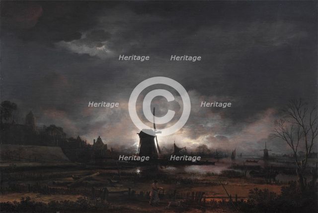 Moonlit Landscape with a Windmill, early to mid 1650s. Creator: Aert van der Neer.