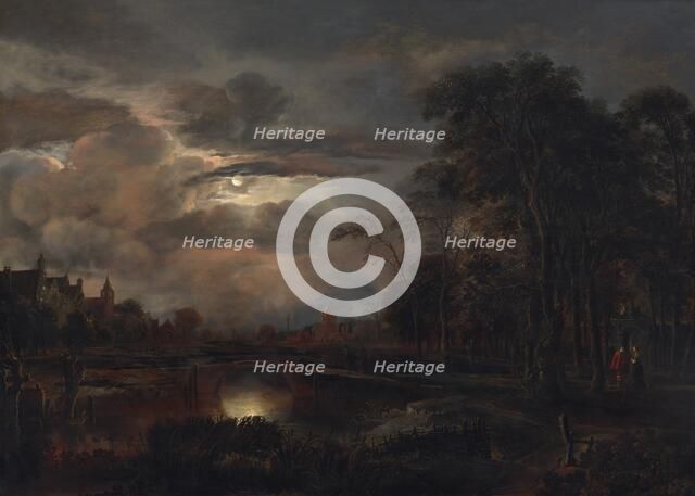 Moonlit Landscape with Bridge, probably 1648/1650. Creator: Aert van der Neer.