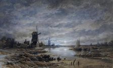 Moonlit night (canal landscape with windmills and ships), undated. Creator: Remigius Adrianus Haanen