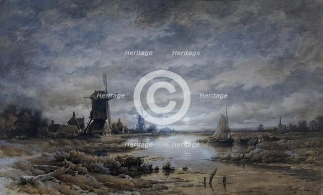 Moonlit night (canal landscape with windmills and ships), undated. Creator: Remigius Adrianus Haanen.