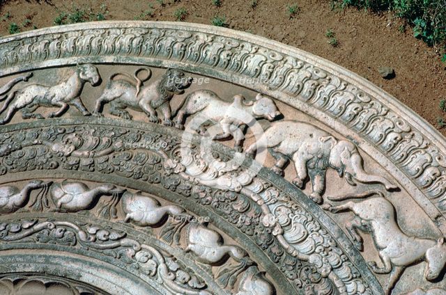 Moonstone at the Queen's Pavilion in Anuradhapura, 8th century. Artist: Unknown