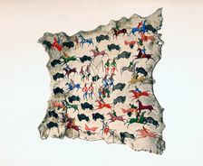 Moose skin by North American Shoshone Indian, showing Buffalo hunt, 20th century. Artist: Katsikodi