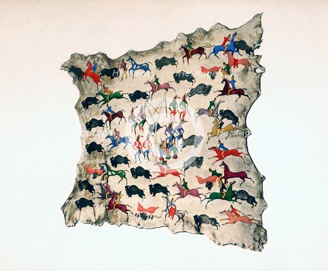 Moose skin by North American Shoshone Indian, showing Buffalo hunt, 20th century. Artist: Katsikodi