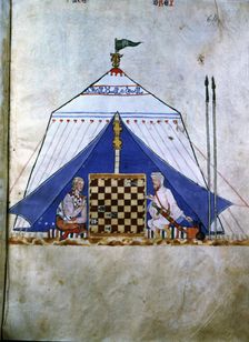 Moor and Christian playing chess inside a tent. Miniature in the Book of the games, chess, dice …