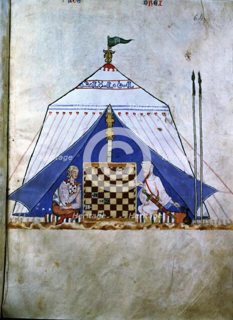Moor and Christian playing chess inside a tent. Miniature in the 'Book of the games, chess, dice …