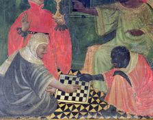 Moor and Christian playing chess, table in the Altar of St. Nicholas, Saint Clara and Saint Anth…