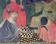 Moor and Christian playing chess, table in the Altar of St. Nicholas, Saint Clara and Saint Anth…