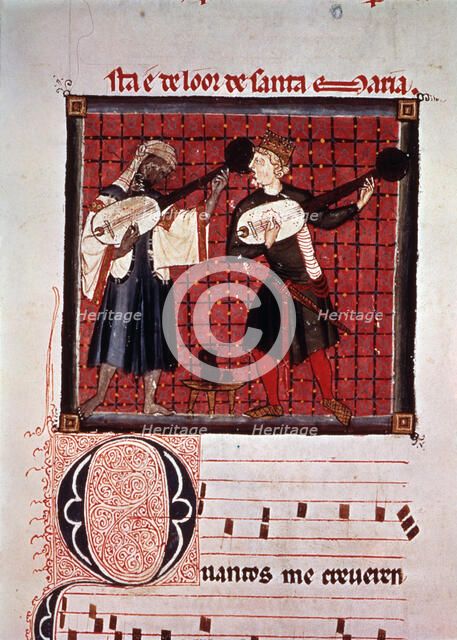 Moor and Christian playing the lute, miniature in the 'Music book' from the 'Cantigas of Alphonse…