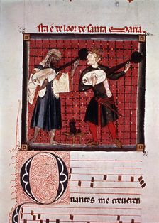 Moor and Christian playing the lute, miniature in the Music book from the Cantigas of Alphonse…