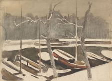 Moored barges on a snowy canal, 1870-1923. Creator: Willem Witsen