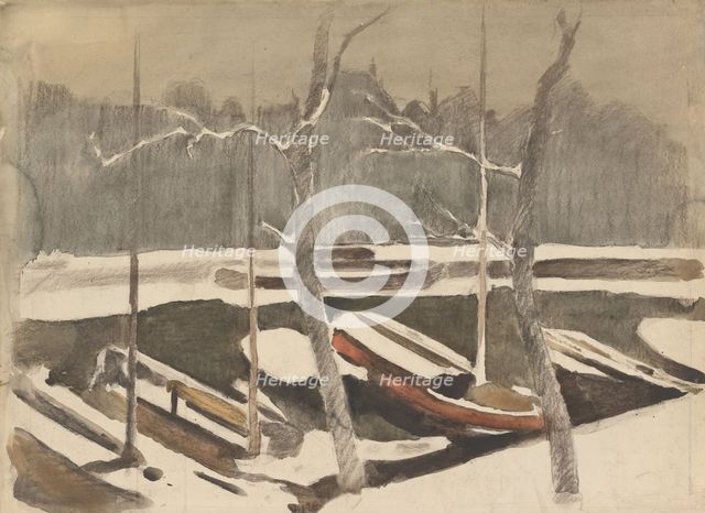 Moored barges on a snowy canal, 1870-1923. Creator: Willem Witsen.